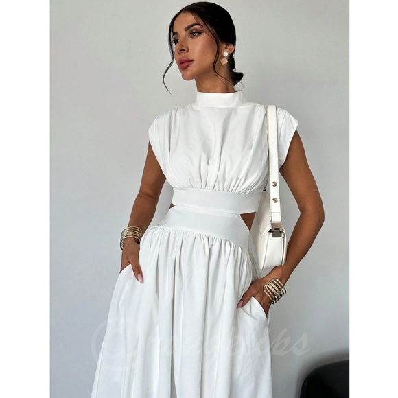 White Long Dress High Neck Cut Out Back Flared Skirt Sleeveless - Picture 2 of 10